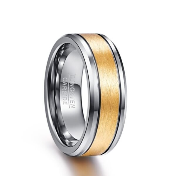 Men's 8mm Gold Color Brushed Center Two Grooves Tungsten Carbide Wedding Band Rings Beveled Edge