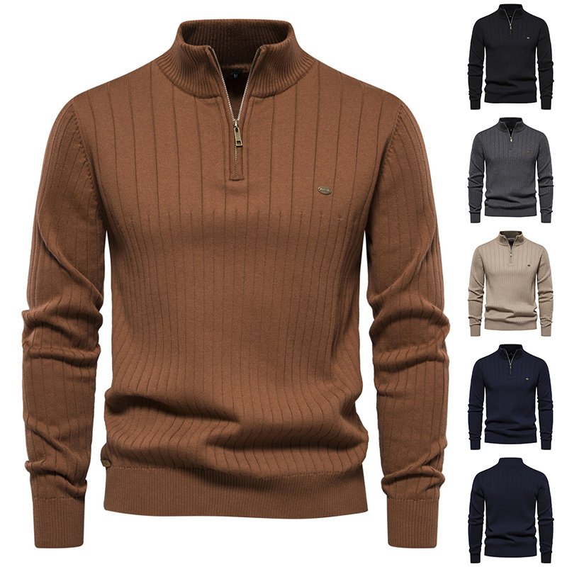 Slim Fit Men's Stand Collar Knit Sweater - Half-Zip Solid Color Striped Top